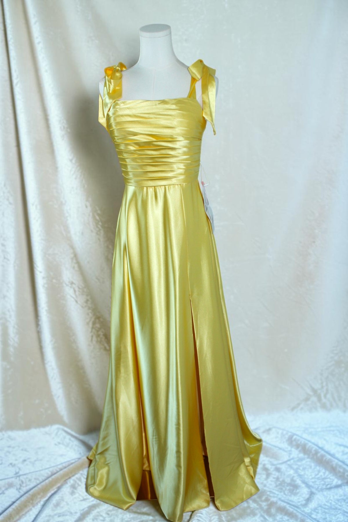 Yellow Satin Corset-Back Formal Gown