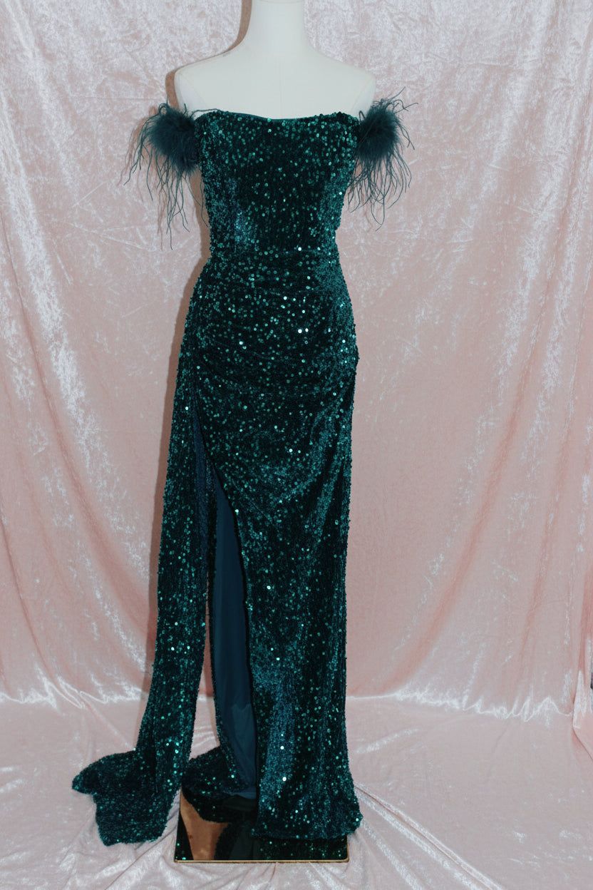 Teal Sequin Velvet Gown