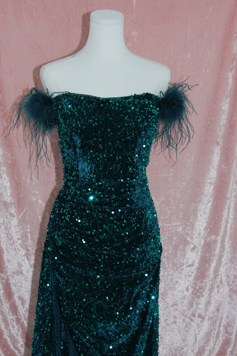 Teal Sequin Velvet Gown