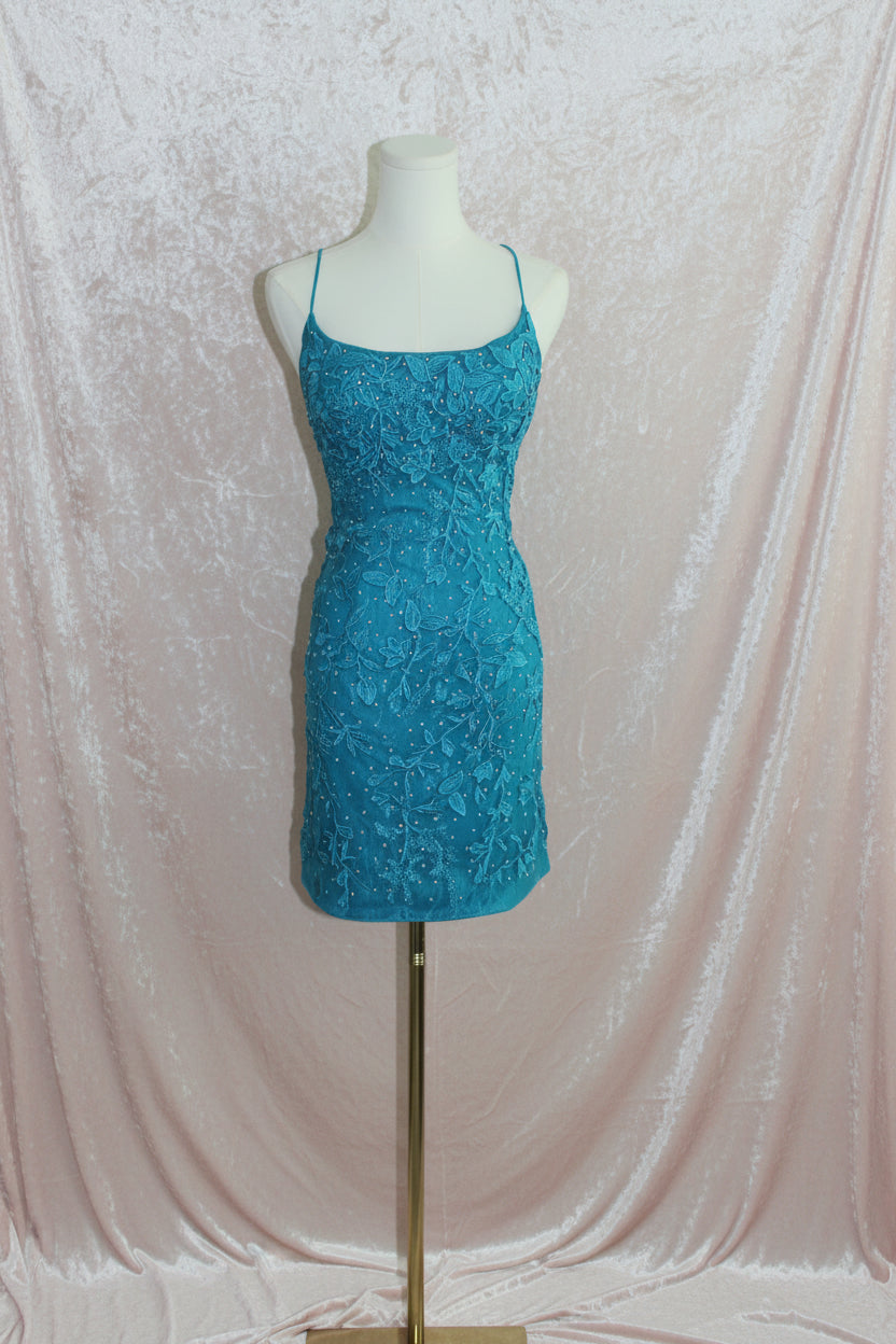 Teal Embroidered Lace Cocktail Dress