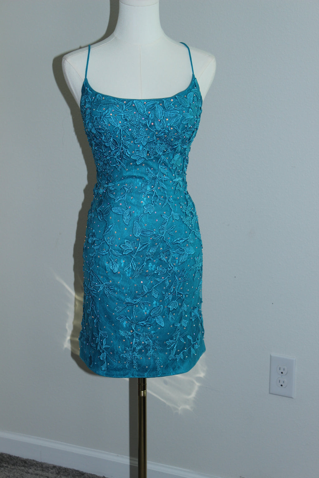 Teal Embroidered Lace Cocktail Dress