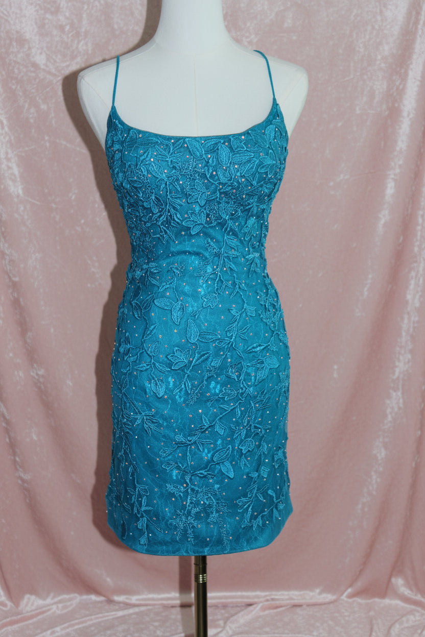 Teal Embroidered Lace Cocktail Dress
