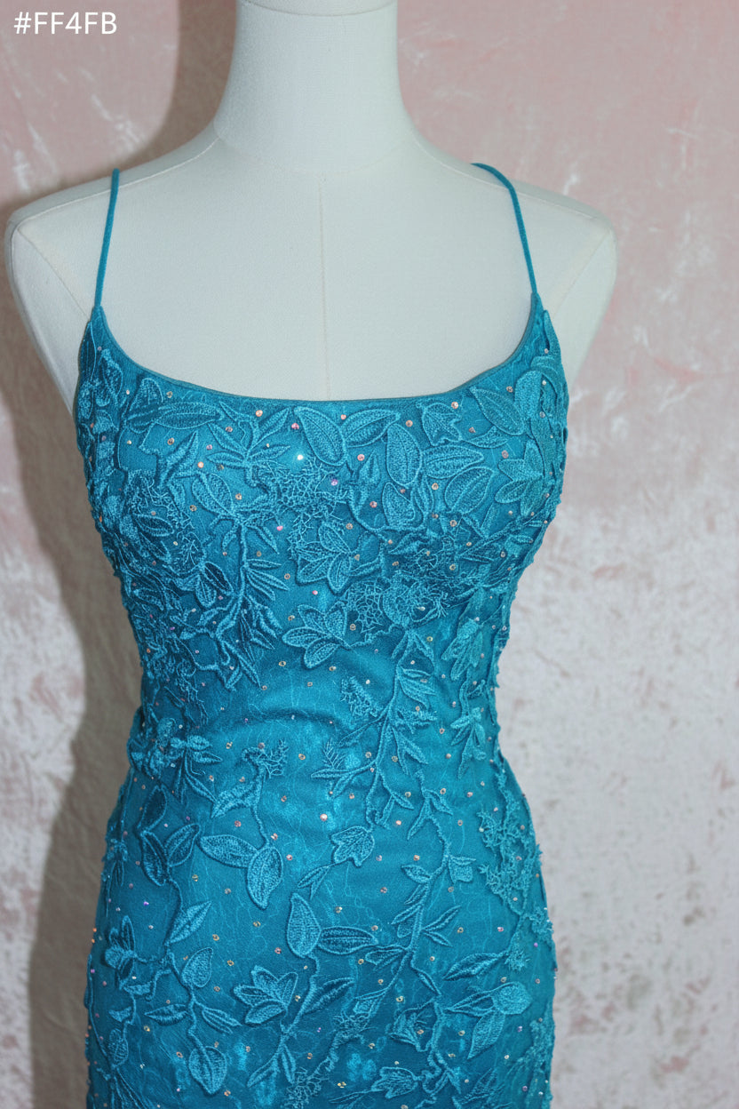 Teal Embroidered Lace Cocktail Dress