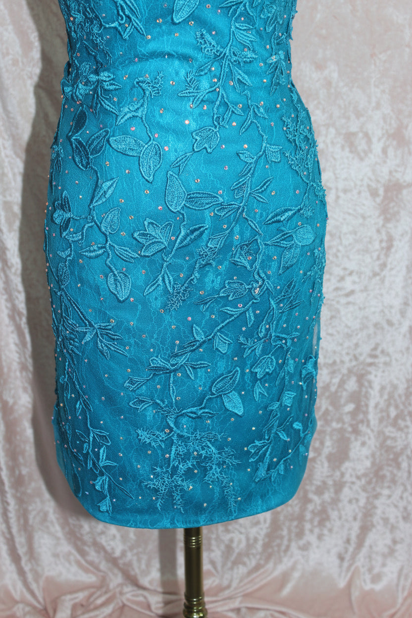 Teal Embroidered Lace Cocktail Dress