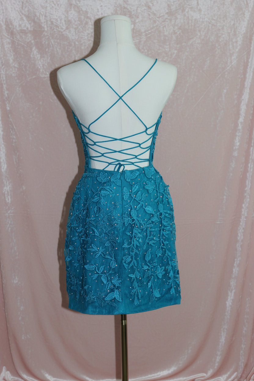 Teal Embroidered Lace Cocktail Dress
