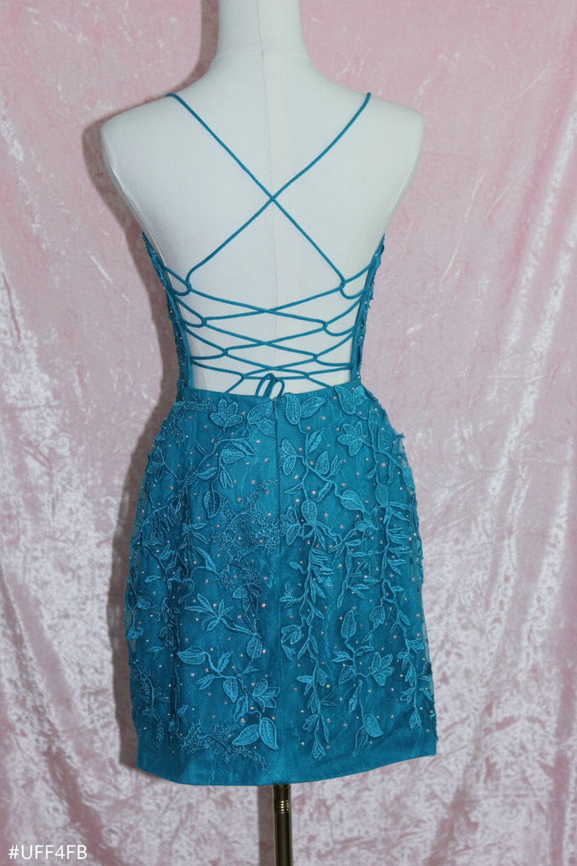 Teal Embroidered Lace Cocktail Dress