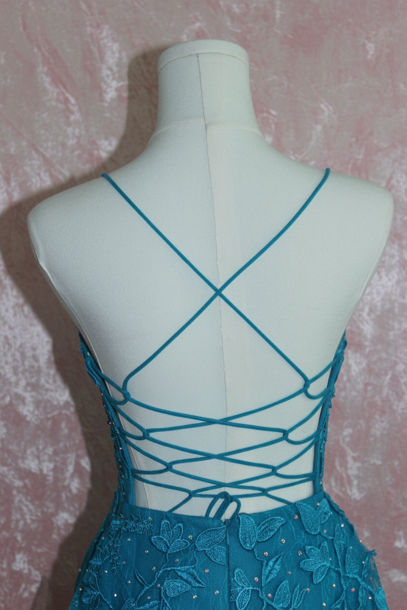 Teal Embroidered Lace Cocktail Dress