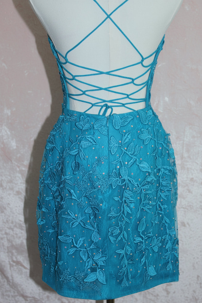 Teal Embroidered Lace Cocktail Dress