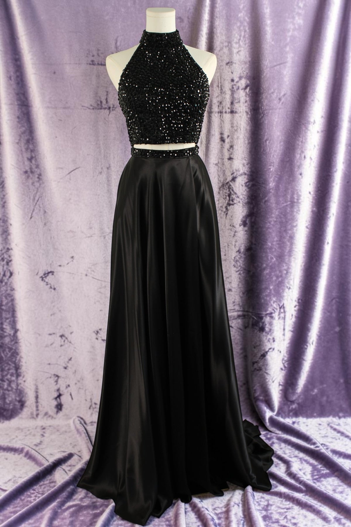 Black Two-Piece Beaded Halter Gown