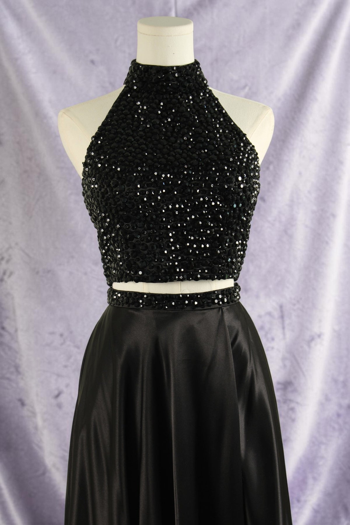 Black Two-Piece Beaded Halter Gown