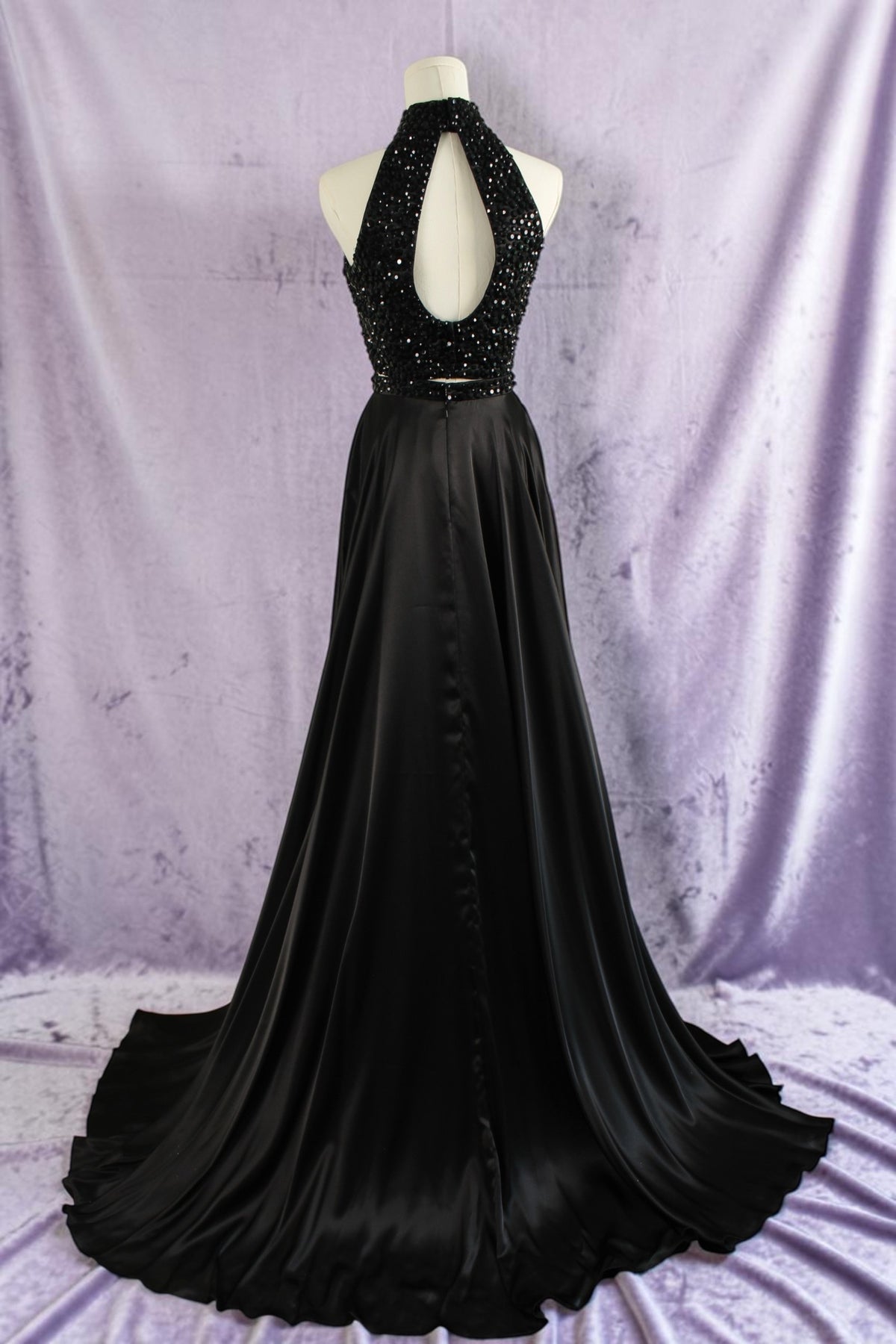 Black Two-Piece Beaded Halter Gown