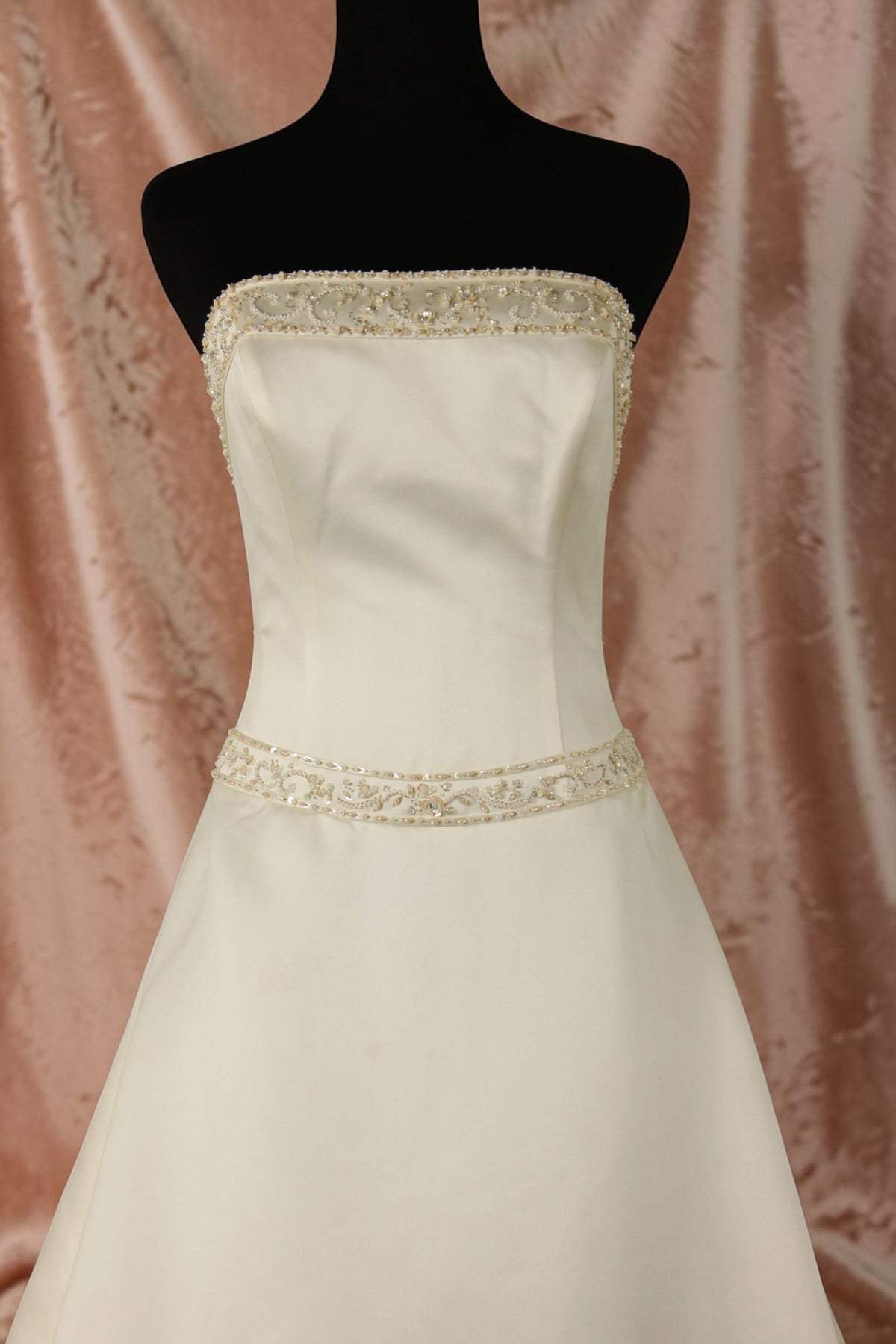 Ivory Satin Wedding Gown with Beaded Taffeta Train