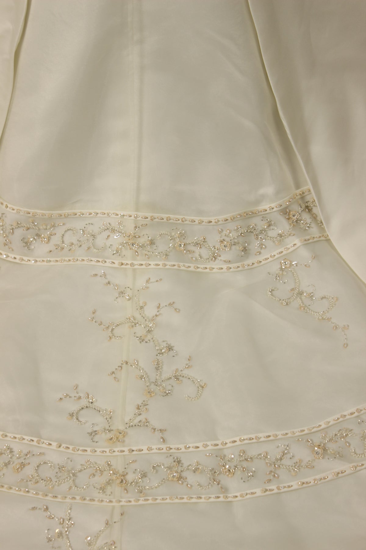 Ivory Satin Wedding Gown with Beaded Taffeta Train
