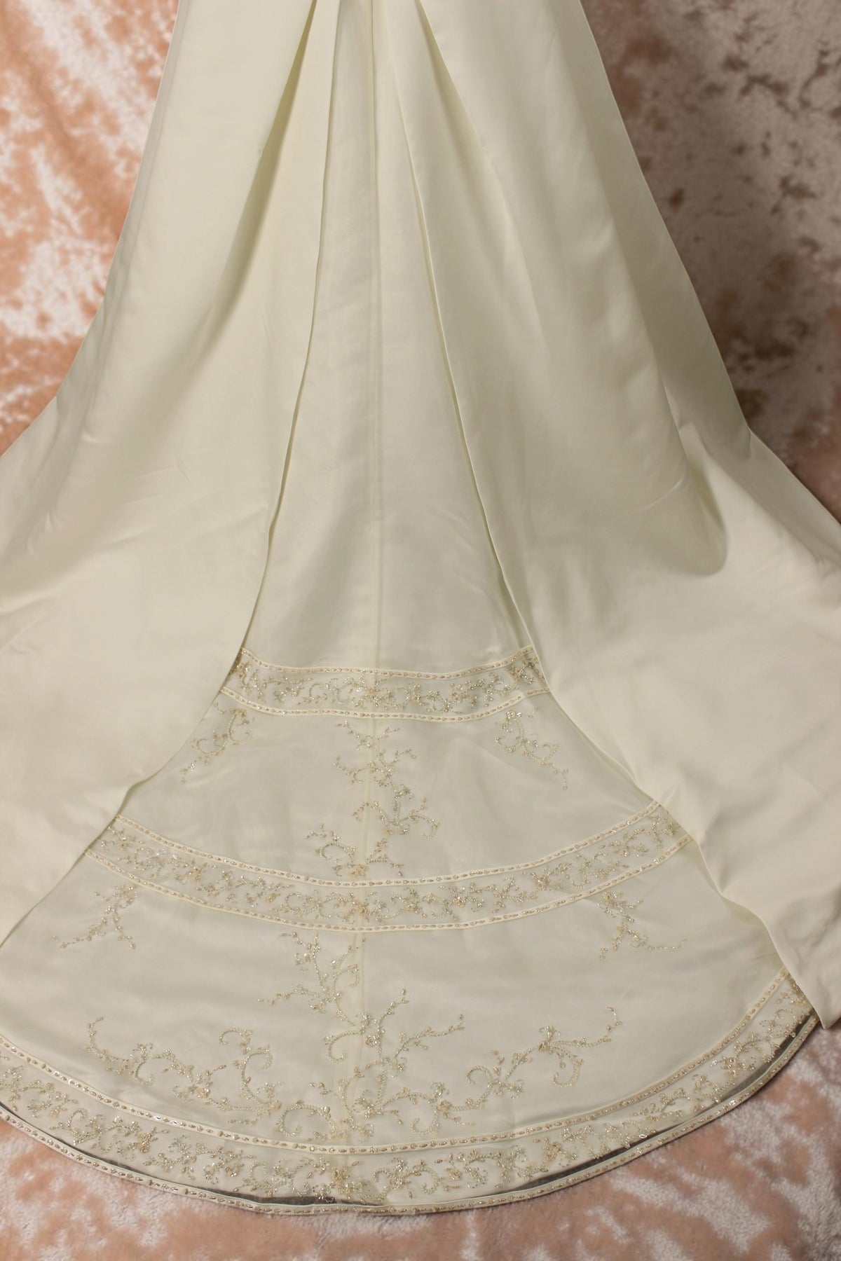 Ivory Satin Wedding Gown with Beaded Taffeta Train
