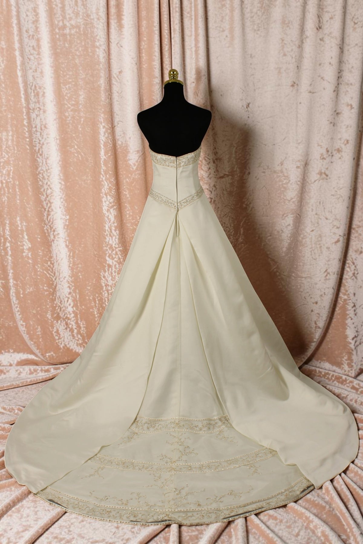 Ivory Satin Wedding Gown with Beaded Taffeta Train