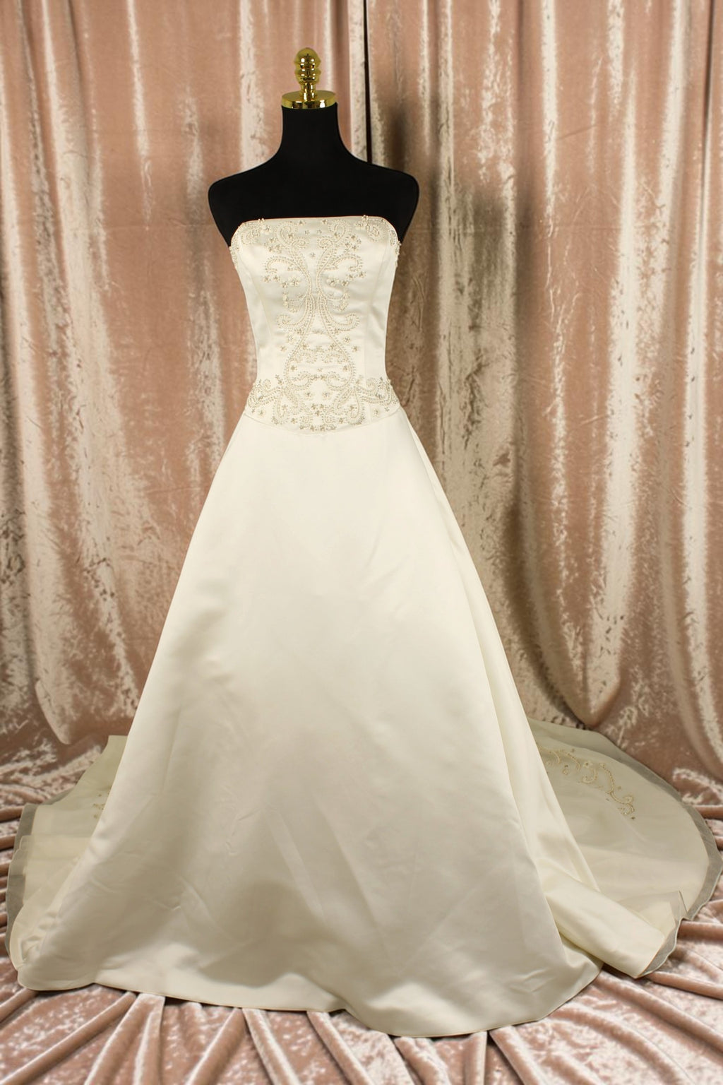 Ivory Satin Gown with Heavily Beaded Bodice and Beaded Train