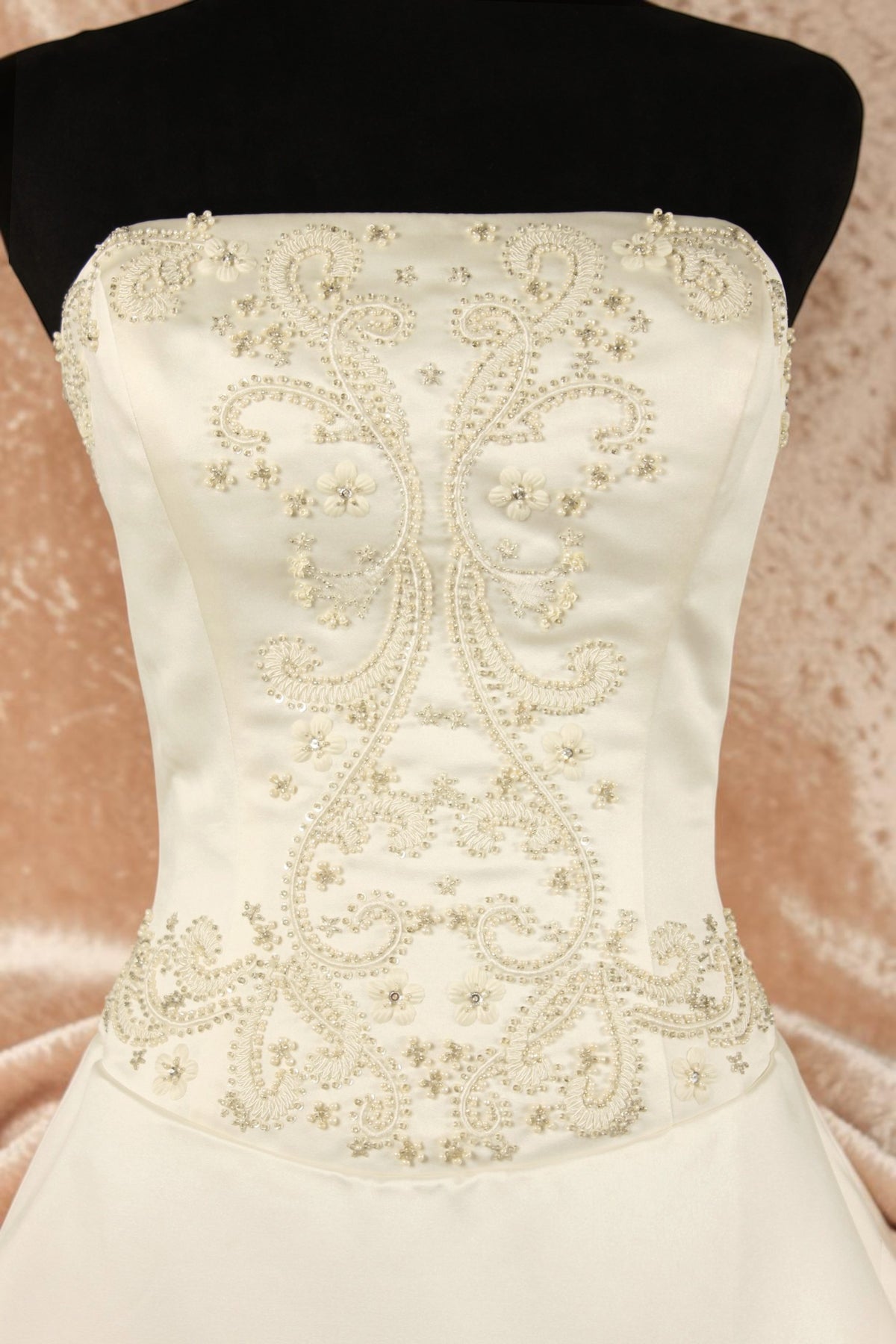 Ivory Satin Gown with Heavily Beaded Bodice and Beaded Train