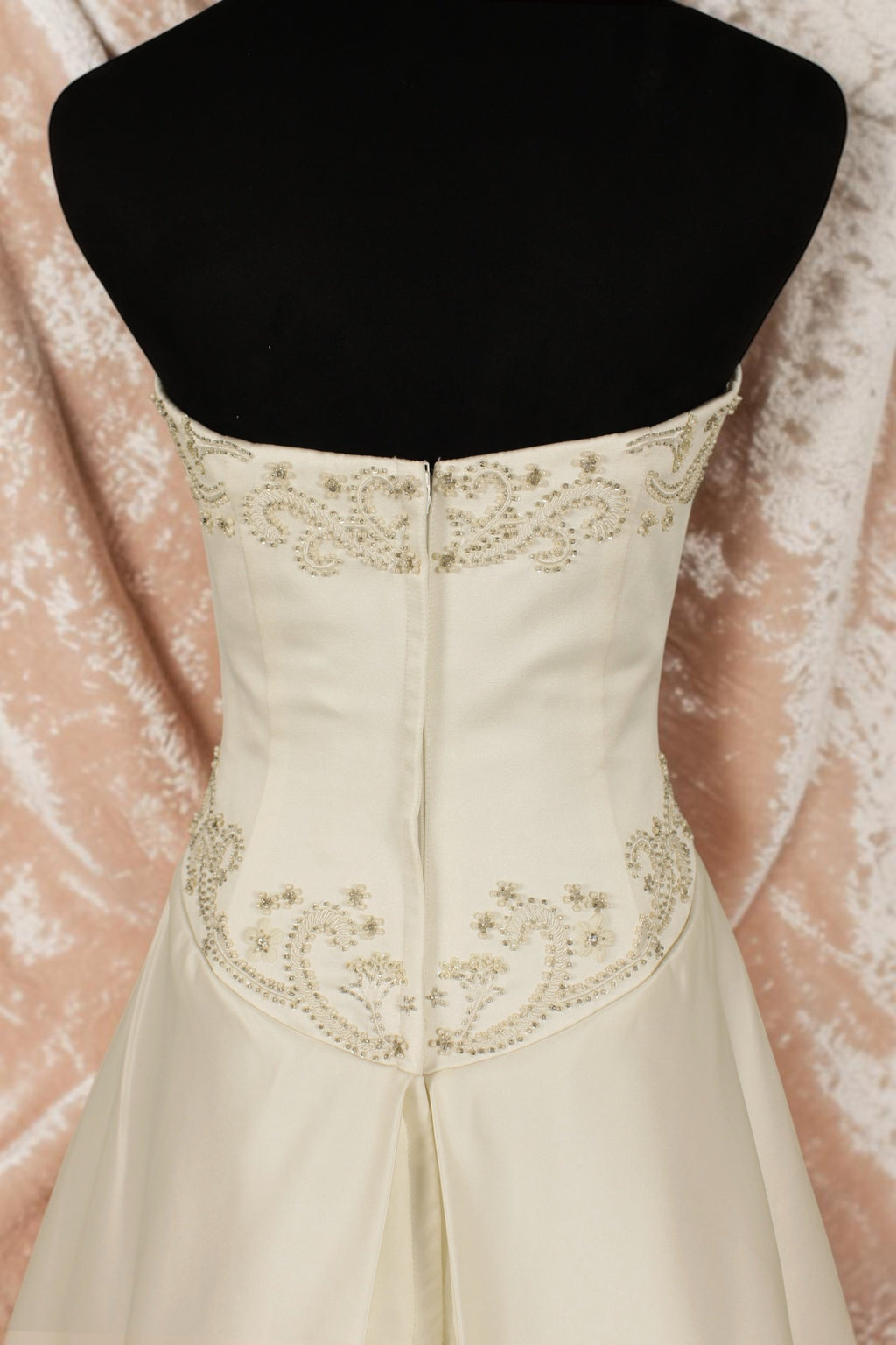 Ivory Satin Gown with Heavily Beaded Bodice and Beaded Train