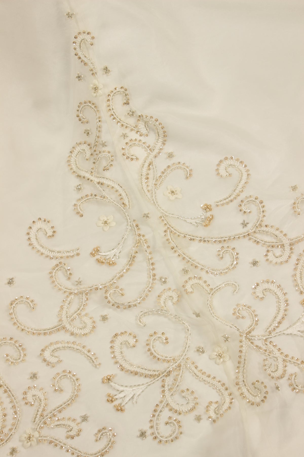 Ivory Satin Gown with Heavily Beaded Bodice and Beaded Train