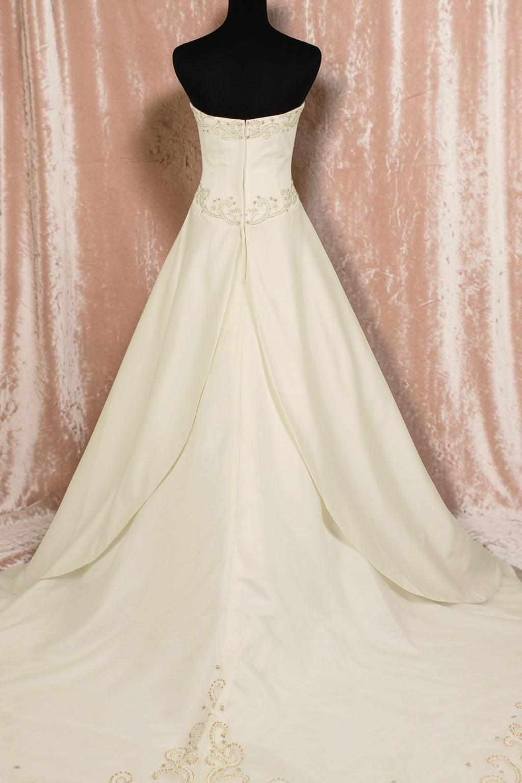 Ivory Satin Gown with Heavily Beaded Bodice and Beaded Train
