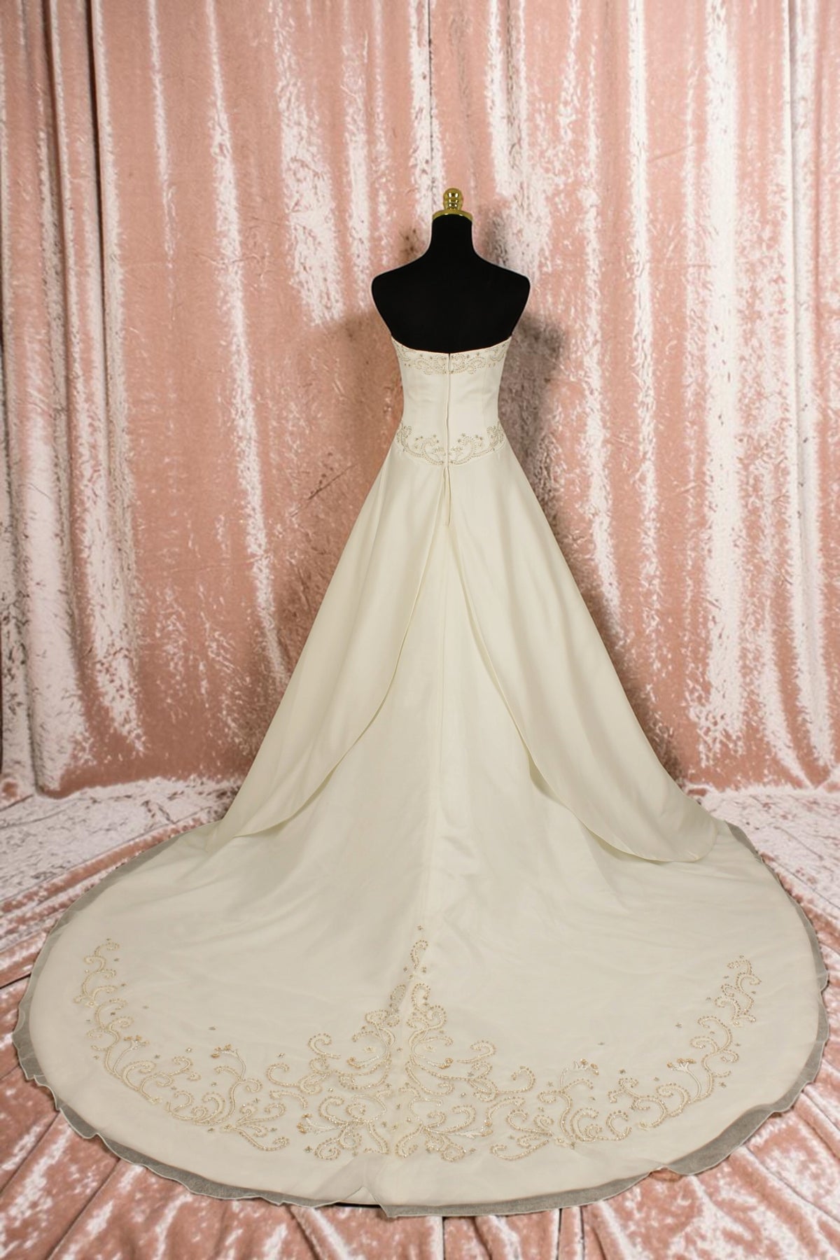 Ivory Satin Gown with Heavily Beaded Bodice and Beaded Train